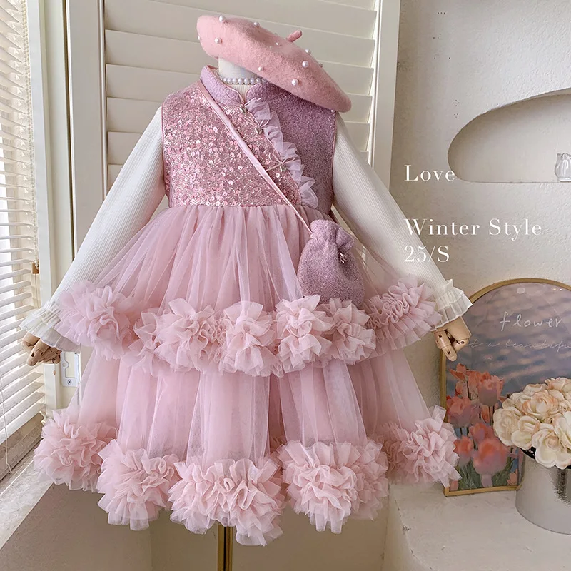 

Осенне-зимняя сетчатая рубашка на флисовой подкладке для девочек2025Новая базовая рубашка на флисовой подкладке и сетчатое платье без рукавов на флисовой подкладке, комплект из двух предметов