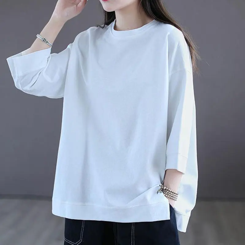 Elegant Fashion Harajuku Slim Fit Female Clothes Loose Casual Sweat All Match Tops Women Solid Three Quarter Sleeve T-shirts