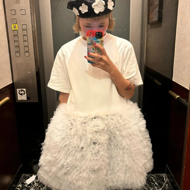 

Summer Woman White Mesh Patchwork Ruffles T-shirt Dress Yarn Multi-Layers Ruched Lotus Tees Fluffy Cake Skirt Short Sleeved Tops