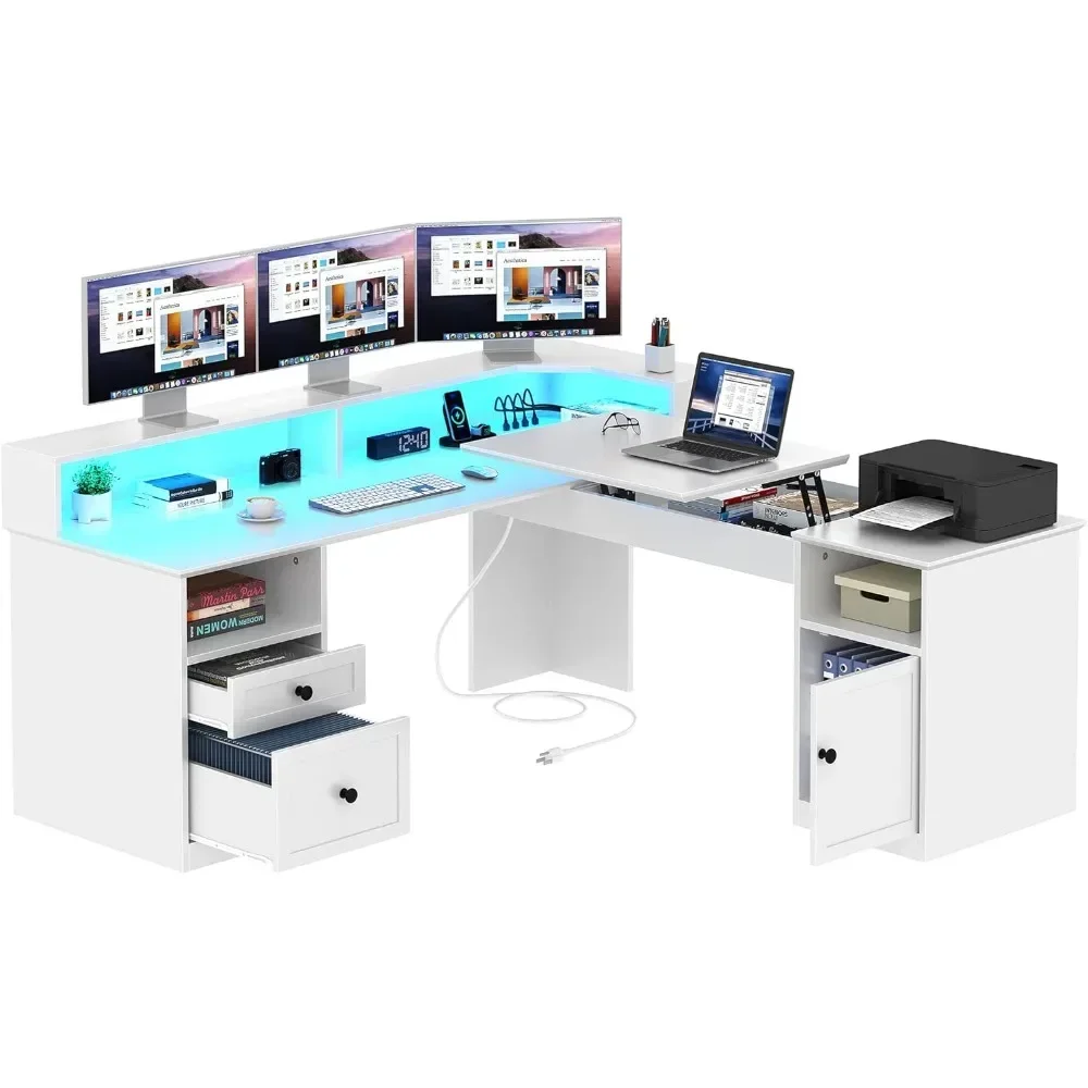 L Shaped Desk With Power Outlets & LED Lights Computer Table 60” Computer Desk With Drawers & Lift Top Freight Free Reading