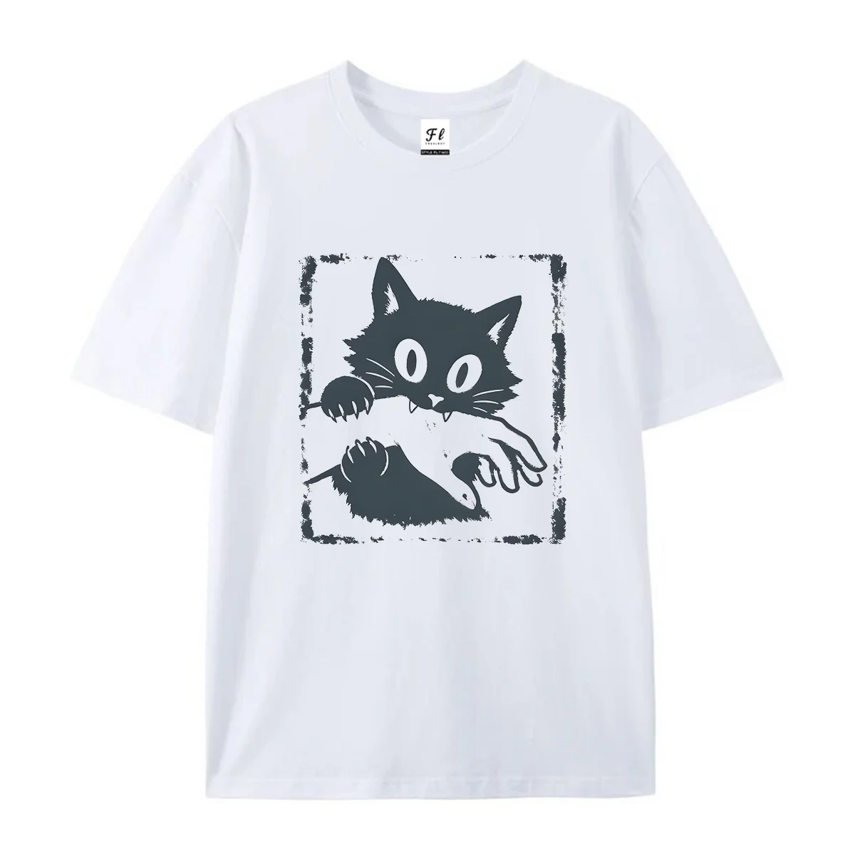 Women Short Sleeve T Shirt Vintage Black Cat Bite Hand Graphic Tees Retro Square Frame Print Summer Crew Neck Gothic Casual Tops