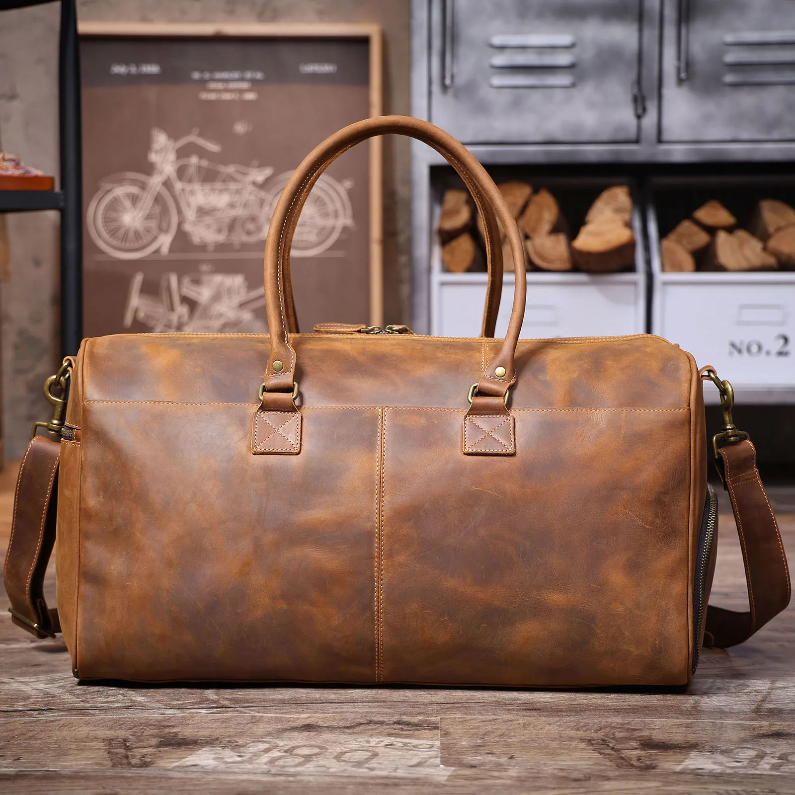 S.WORKER Vintage Echtleder-Reisetasche aus Crazy-Horse-Rindsleder, handgefertigte Weekender-Tasche, Sporttasche – Detail 11
