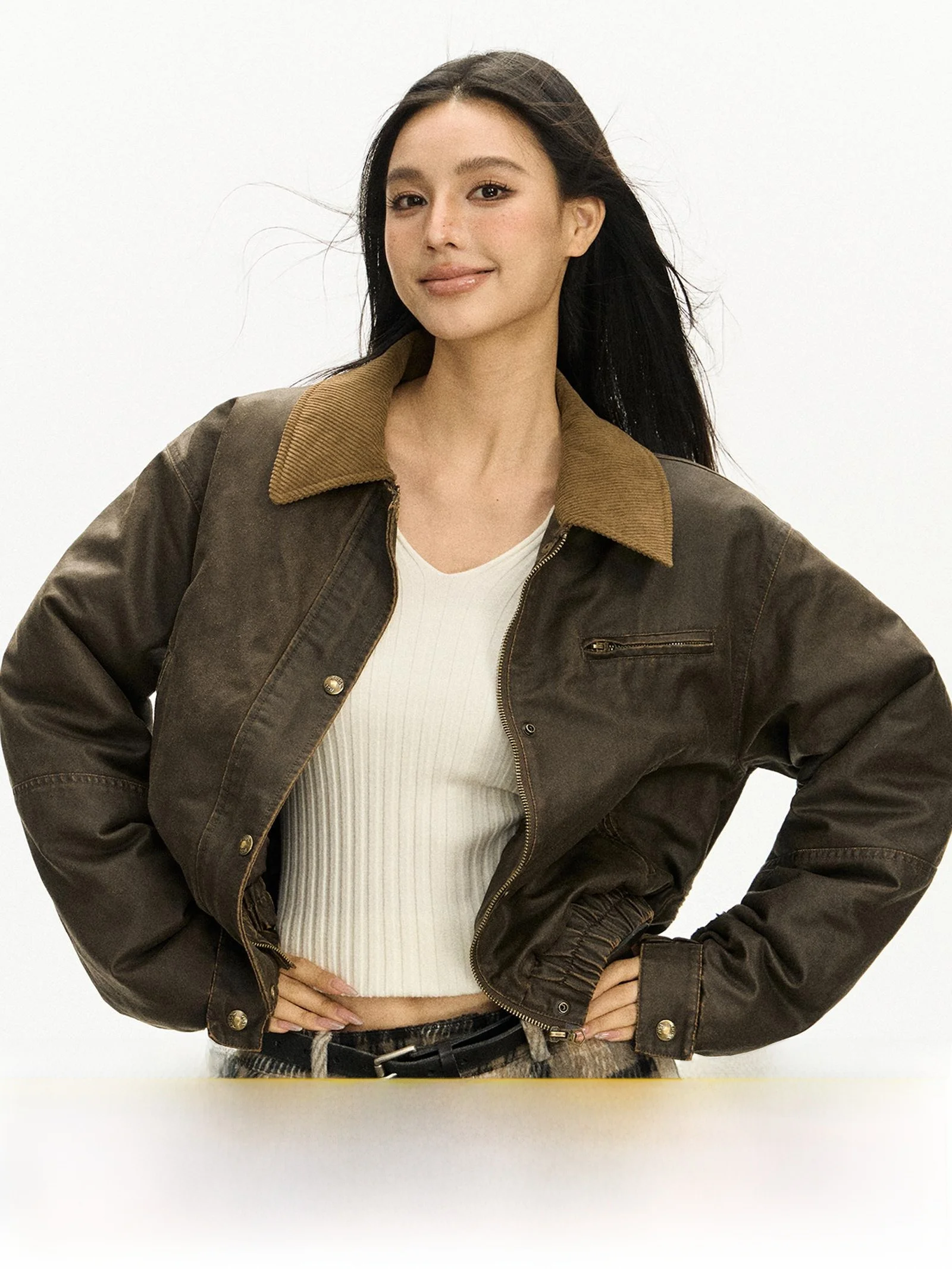 アライズイズム アメリカンデザイン レトロカラー ワークウェア レザー ジャケット レディース 新作 秋 2025 ストリートスタイル ストレートカット ポリエステル コットン混紡