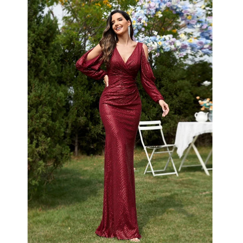 

Luxury Burgundy Black Evening Party Dresses Sweetheart Floor Length Slim Fit Full Sleeves Sexy Illusion Pretty Women Prom Gowns