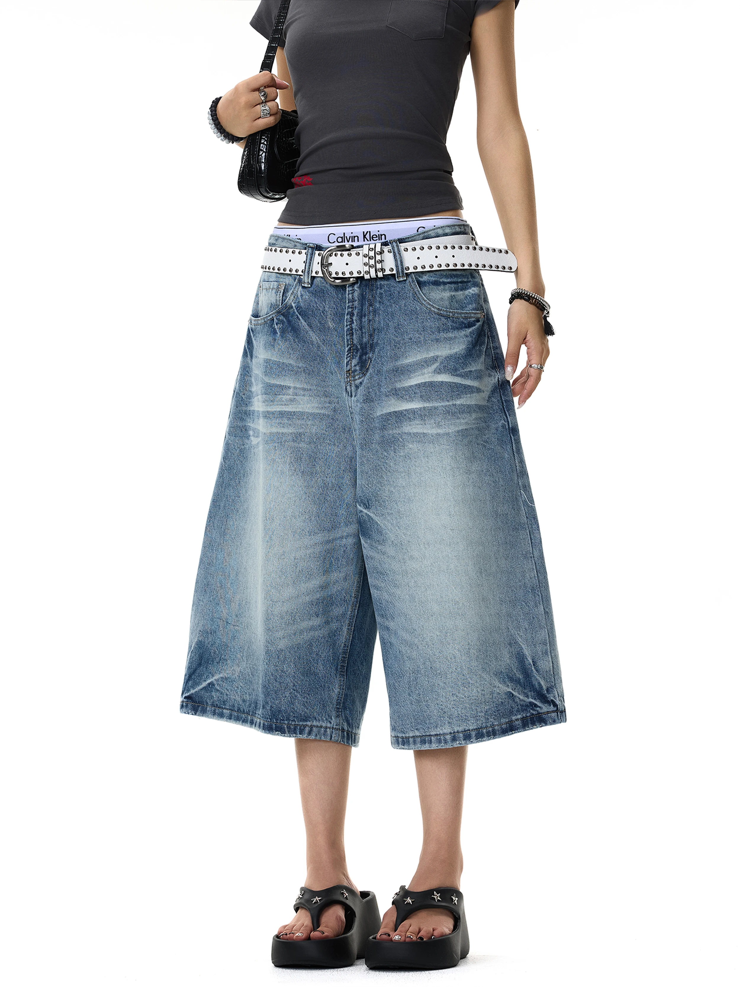 Retro American Washed Distressed Denim Seven-quarter Casual Loose Men's Shorts Summer Versatile Comfortable Breathable Cotton...