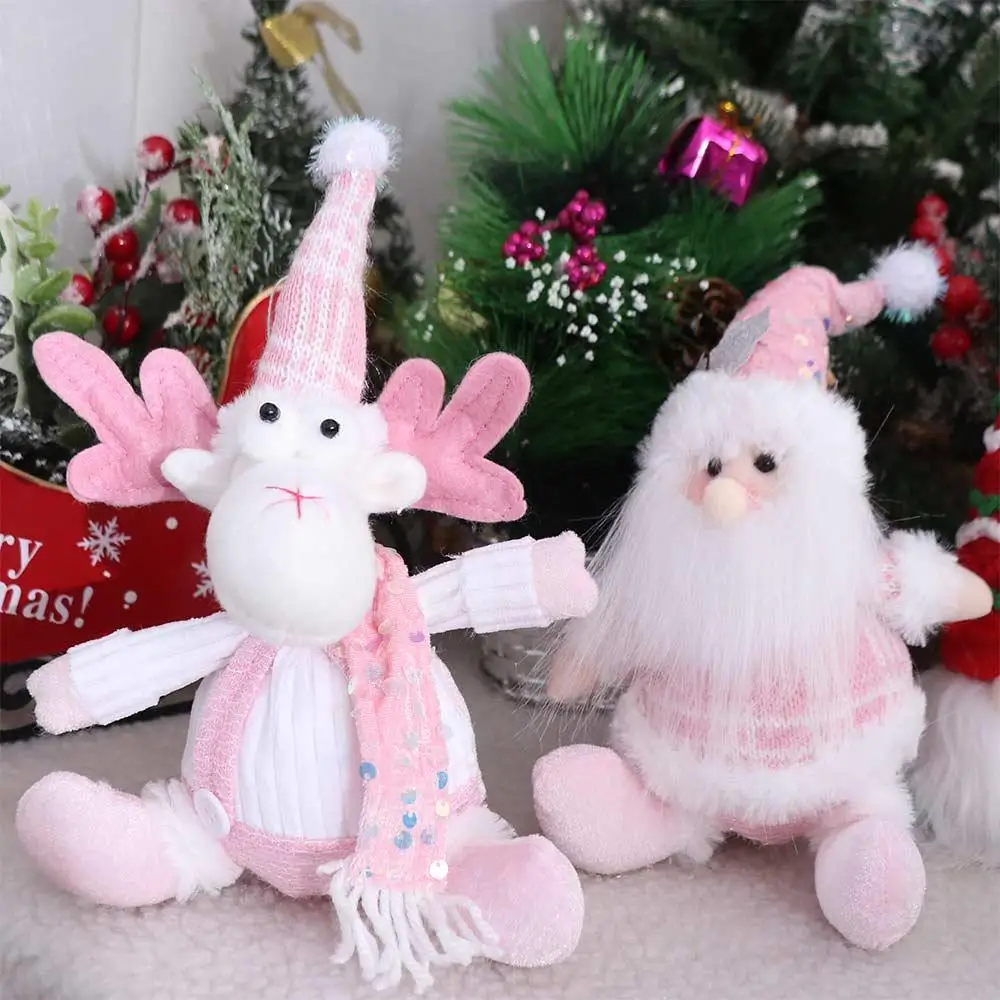Tabletop Christmas Snowman Sitting Fluffy Knitted Elk Snowman Realistic Soft Christmas Pink Decorations Santa Claus Gifts