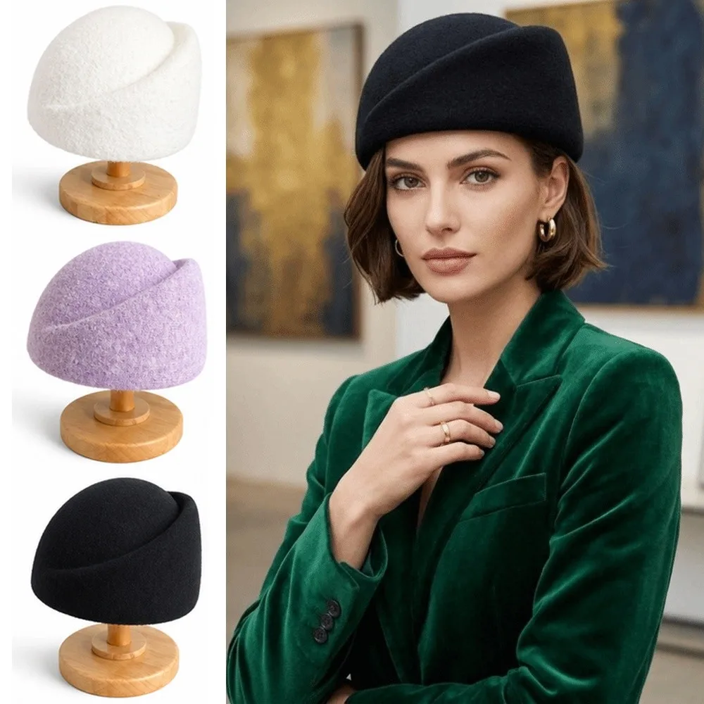 New Wool Blend Pillbox Hat Brimless Hepburn Silhouette Beret Hat Foldable Teardrop Dinner Hat Wedding Occasion