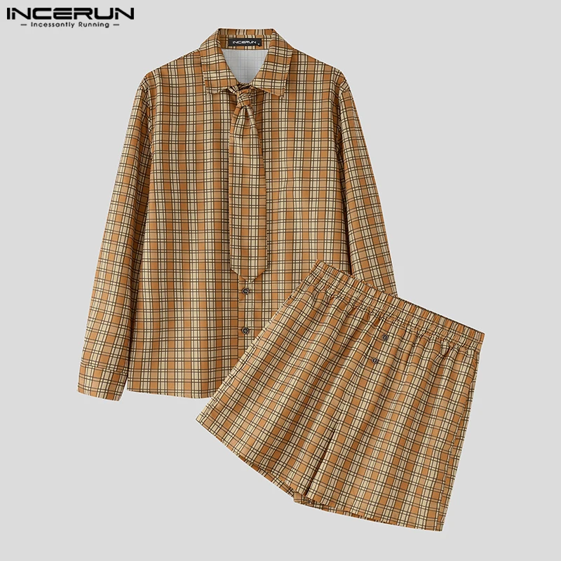 

INCERUN Мужские комплекты, клетчатая рубашка с длинными рукавами и шорты с лацканами, комплекты из двух предметов, уличная одежда, свободные модные мужские повседневные костюмы 2025 года, S-5XL