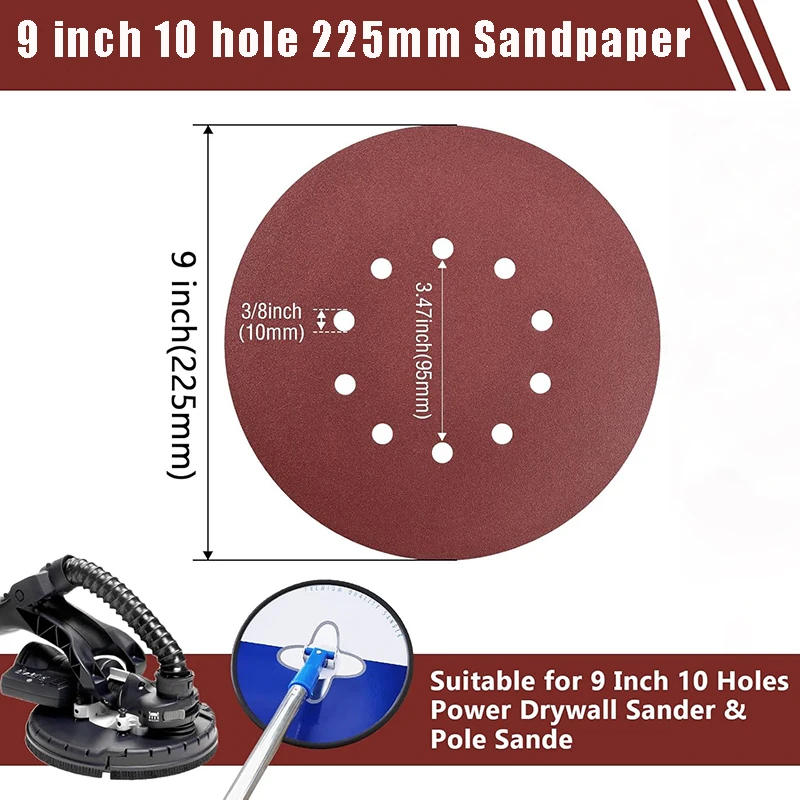 20 Pcs 9 Inch 225mm10 Hole Wall Sander Sandpaper Metal Woodworking Grinding Disc Abrasive Polishing 40-2000 Grit  Sanding Disc