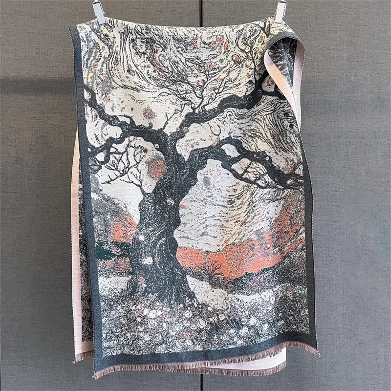 

Роскошный шарф с принтом дерева для женщин, теплые зимние шарфы из пашмины с имитацией кашемира, шали, женские толстые одеяла, платки