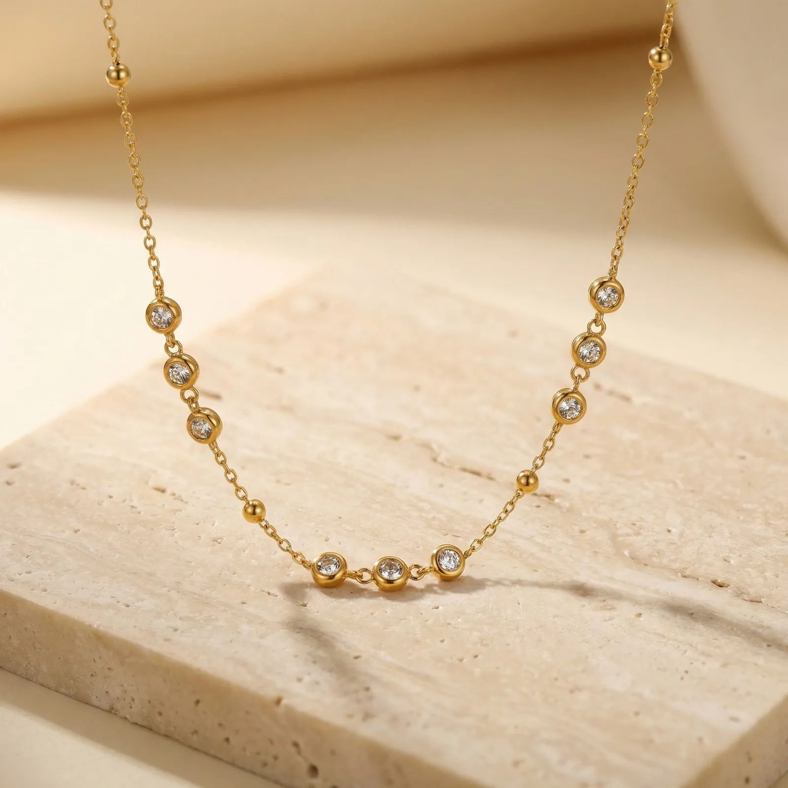 

Gold Plated Stainless Steel Bezel Set Round Cubic Zirconia CZ Station Necklace, Minimalist Choker Dainty Jewelry for Women