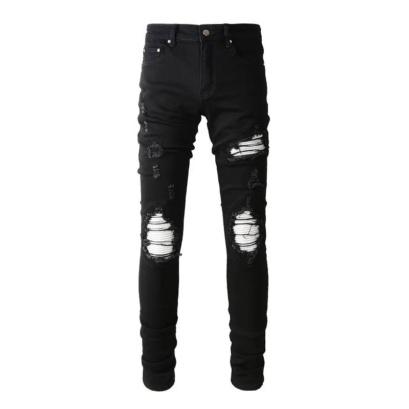 

Men's Distressed High Streetwear Stretch Skinny White Ribs Patches Holes Repaired Black Ripped Jeans Men