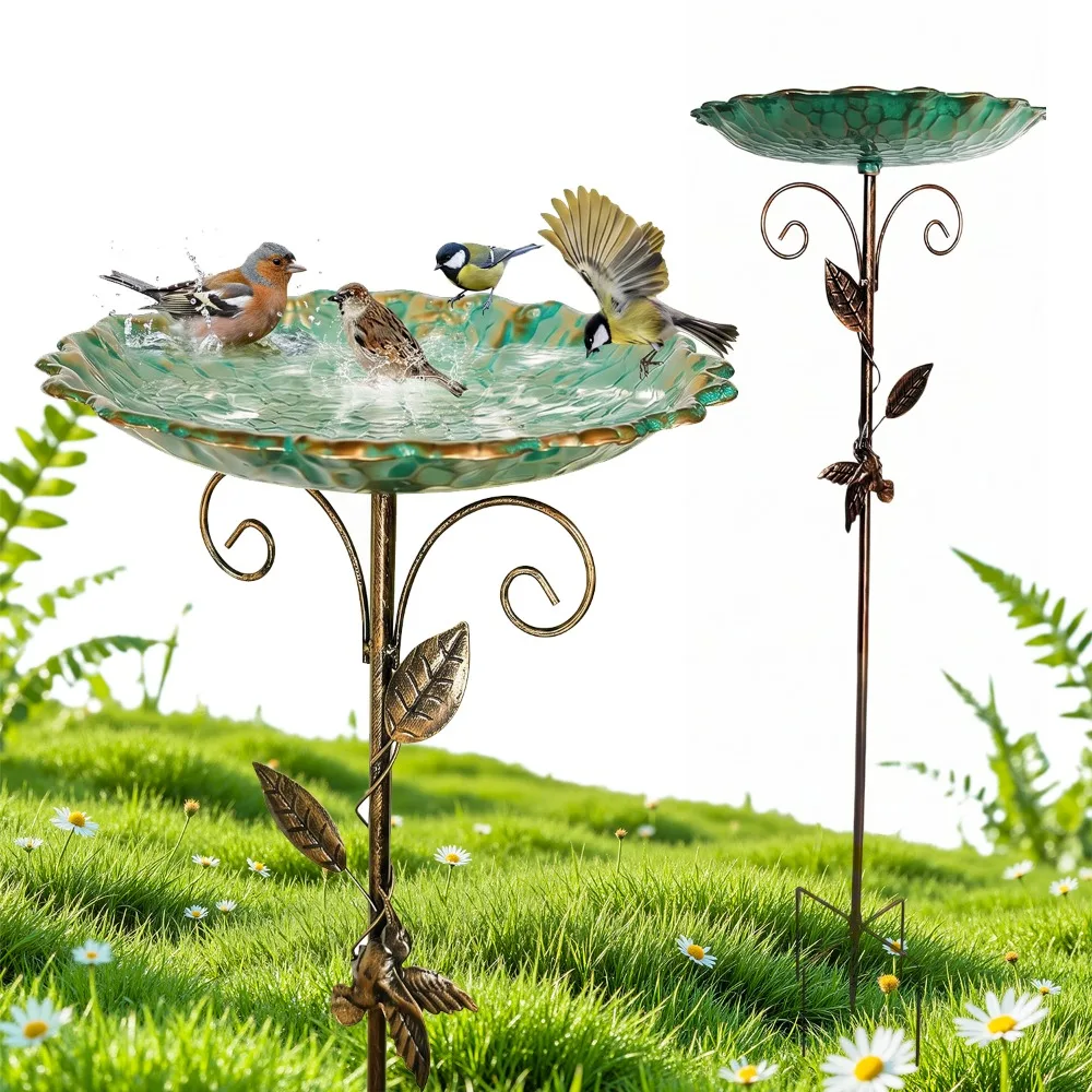 Retro-Gartenstecker aus Metall in Blumenform, Vogeltränke aus Metall für den Außenbereich mit verstellbarer Höhe, große stehende Vogeltränke, Vintage-Blumenform, Vogeltränke, Garten-Insektentränke,