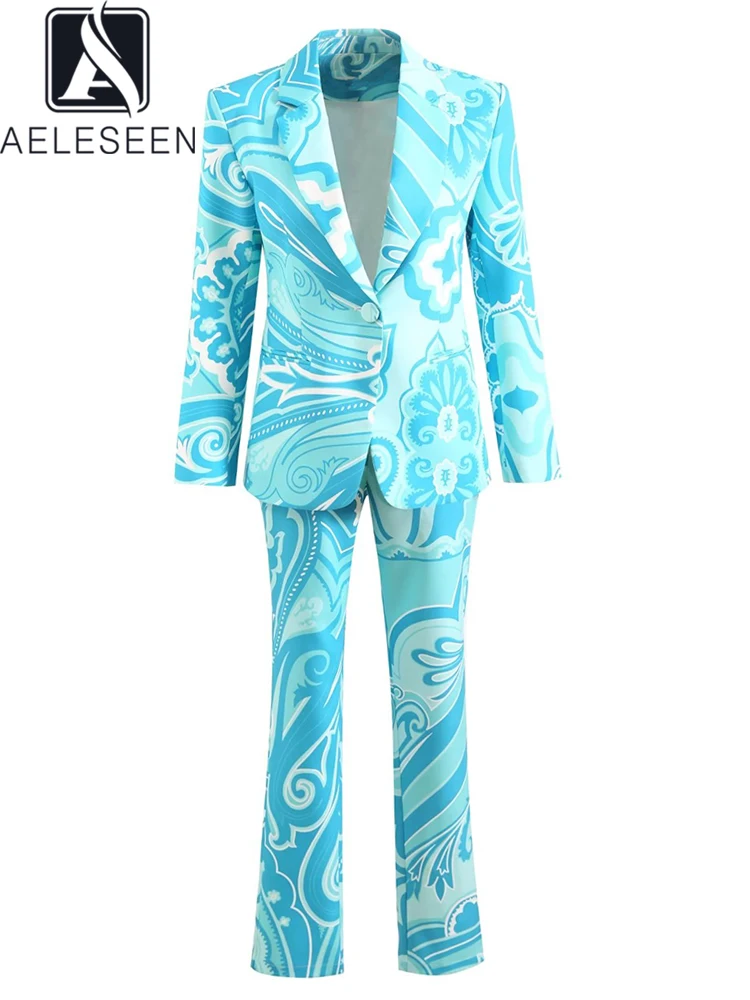 

AELESEEN Fashion Designer Autumn Winter Set 2023 High Qaulity Flower Print Blazer + Pancil Pants Elegant Contrast Color Set