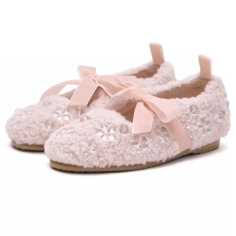 

Sweet Bow Decorative Warm Mary Jane Shoes Women Fluffy Plush Comfortable Ballet Flats Round Toe Designer Non Slip Cotton Shoes