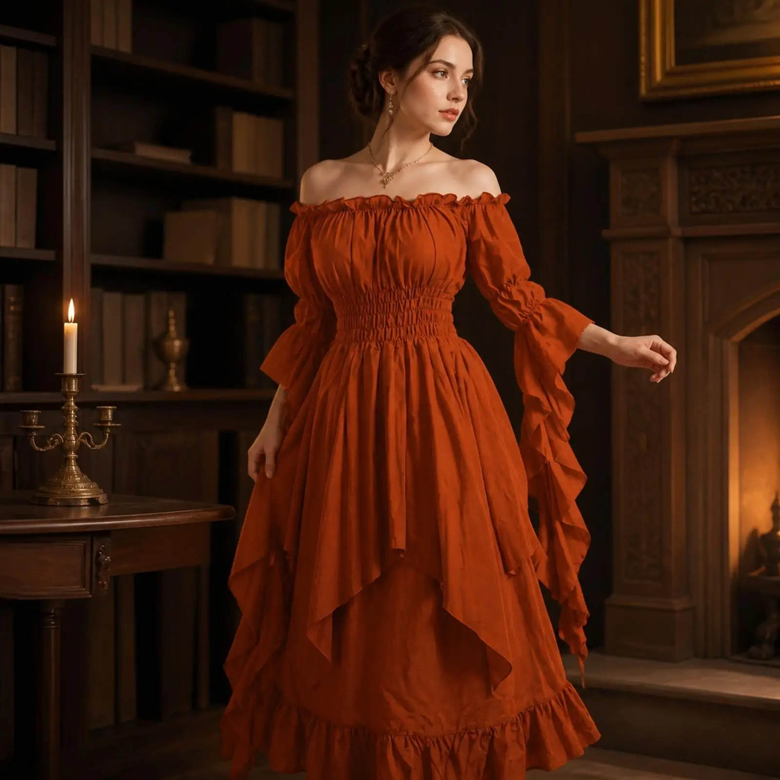 Off Shoulder Women Renaissance Dress Long Sleeve Medieval Style Gown for Festival Photoshoot Flowy Elastic Waist Skirt view 6