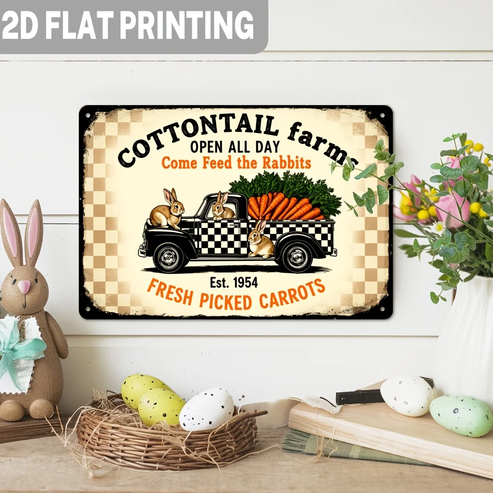 2D Flat, 1pc, Cottontail Farms Metal Tin Sign Inviting You to Feed The Rabbits with Freshly Picked Carrots, Featuring Retro Vint