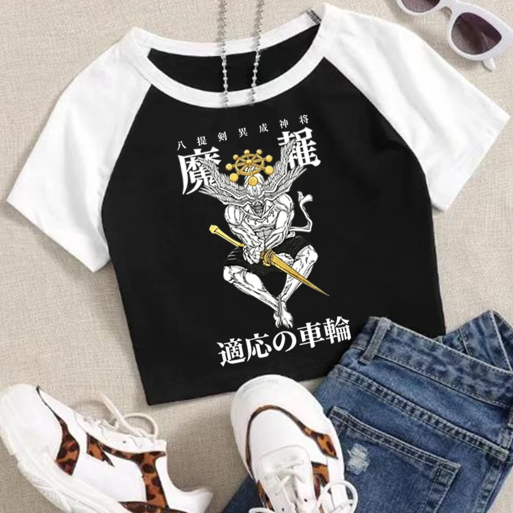 Hot Anime Jujutsu-Kaisen Mahoraga Crop Tops T-Shirt Girls Fashion Women O-Neck Short Sleeve