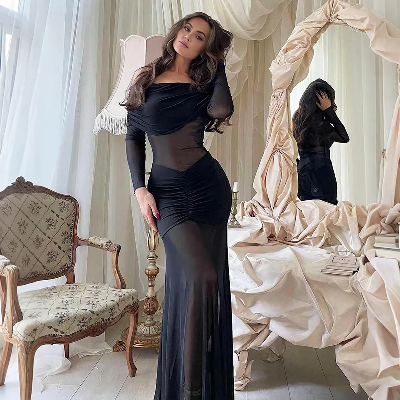 Ver através de malha retalhos ruched bodycon maxi vestido de festa feminino elegante sexy lapela fora do ombro manga cheia clubwear longo robe