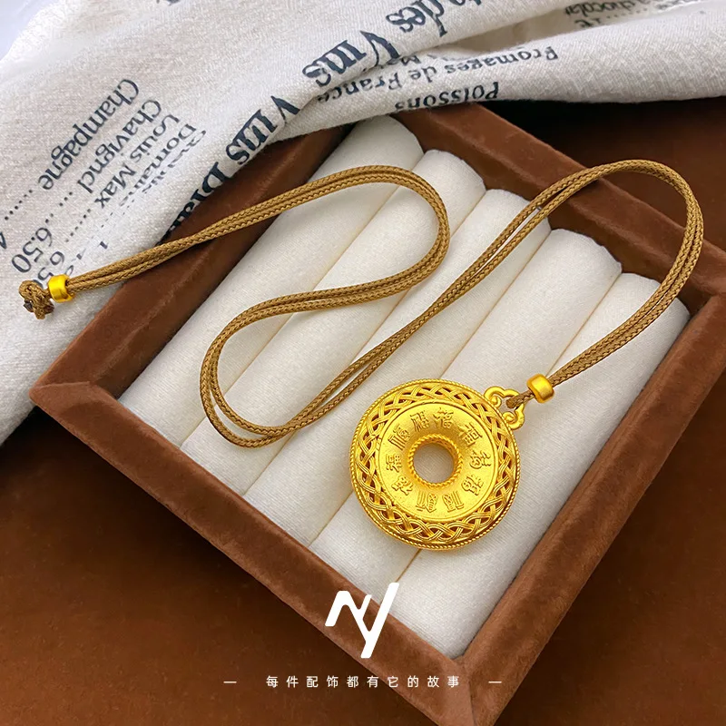 

luxury real gold jewelry 24k certifid hollow filigree Pfaff braided pattern peace buckle pendant sweater chain pendant for women