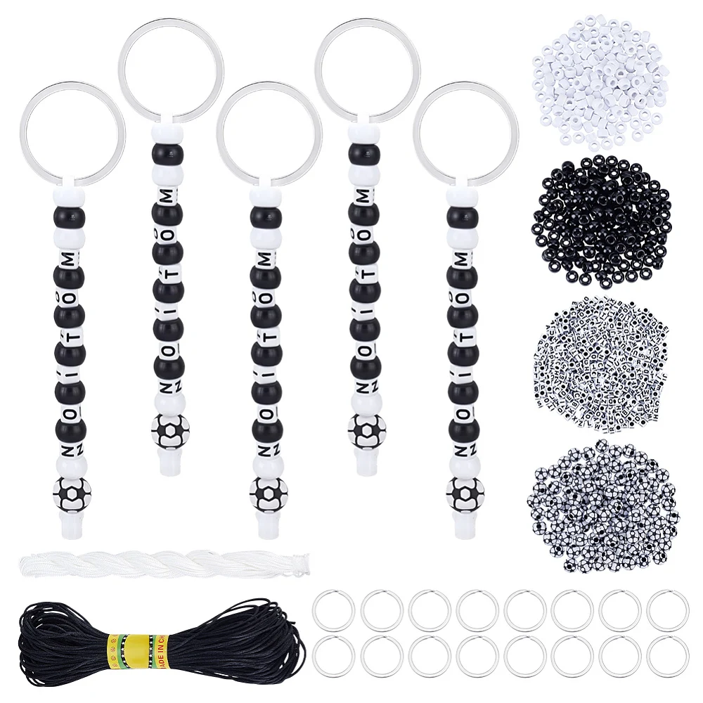 990 DIY Soccer Keychain Making Kit Acylic Sport Beads White Black Barrel Beads Alphabet Letter Bead with Key Rings Threads