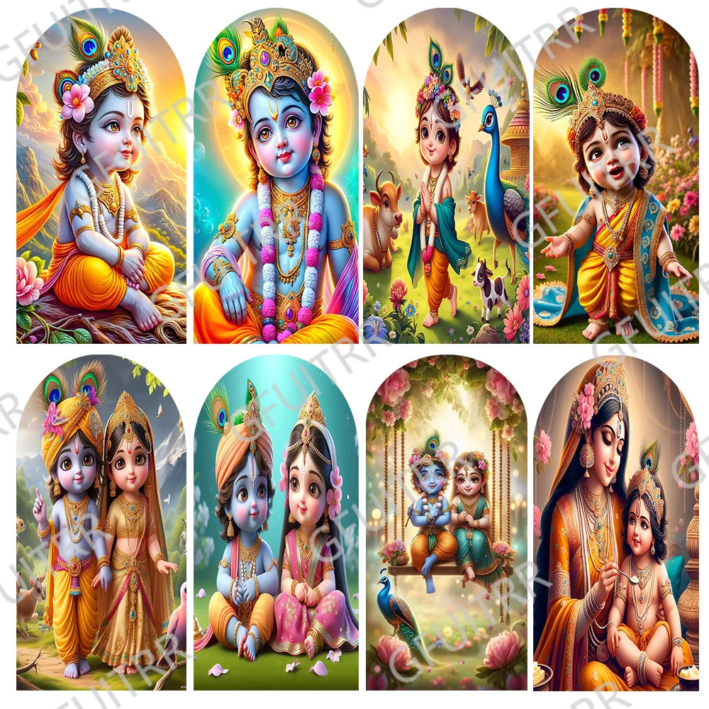 

Фон для фотосъемки с аркой Krishna, украшение для детского душа, индийская тема, детский день рождения, двухсторонняя молния, чехлы для фотографий