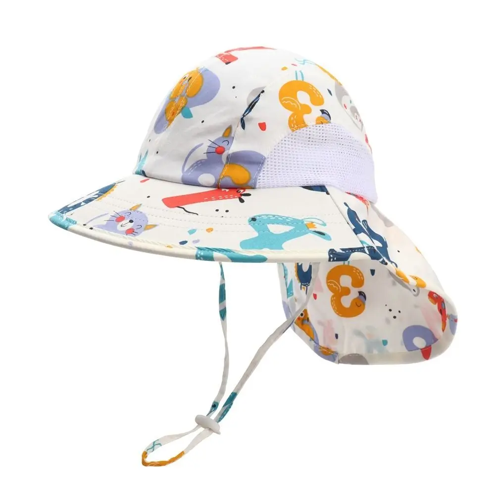 New Children Sun Hat Summer Cartoon Neck Protective Kids Caps Sea Printing Breathable Mesh Bucket Hat Bonnet For Boys Girls