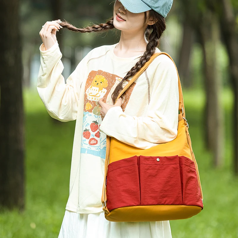 Ladies 2 in 1 Shoulder Backpack Bag Water Resistant Nylon Color Block Tote Multi Pocket Travel Handbag with Adjustable Strap