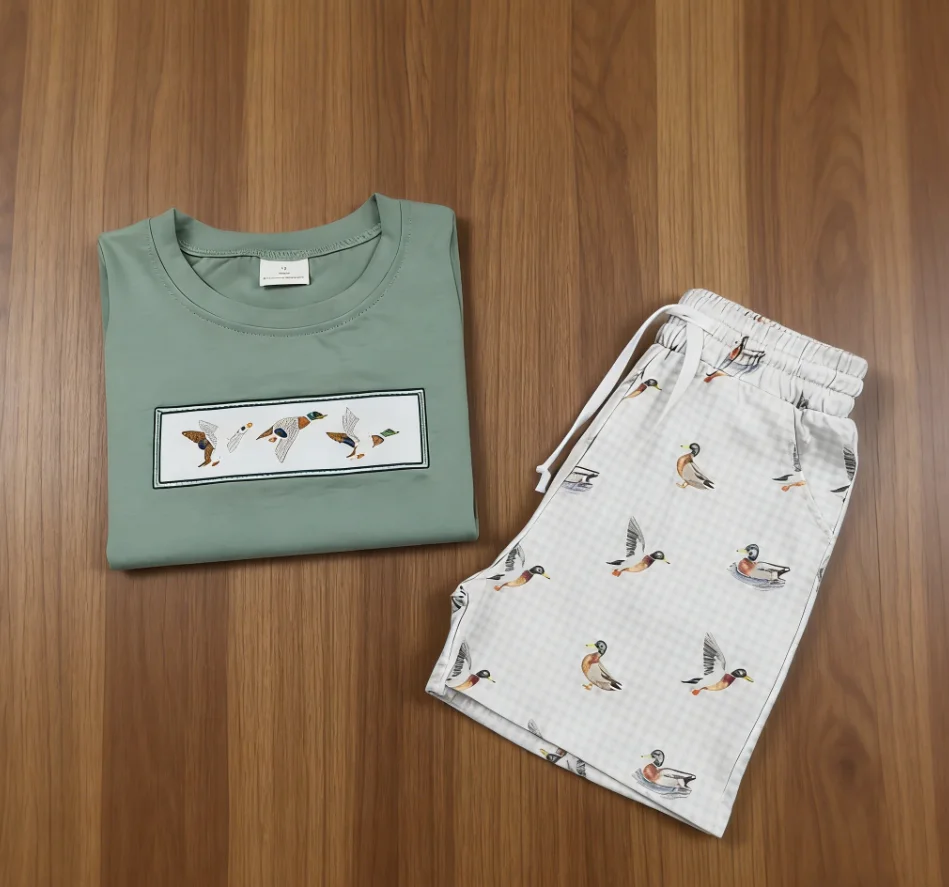 Wholesale Baby Boy Short Sleeves Embroidery Ducks Green Shirt Children Kids Set Toddler Outfit Pockets Shorts Boys Clothes