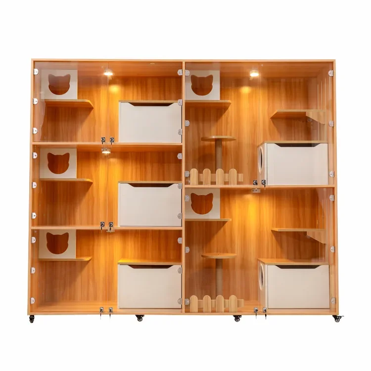 aPrivate Custom Indoor Luxury Wooden Display Cat Furniture Breeding House With Platform Playing And Sleeping Pet Villa House