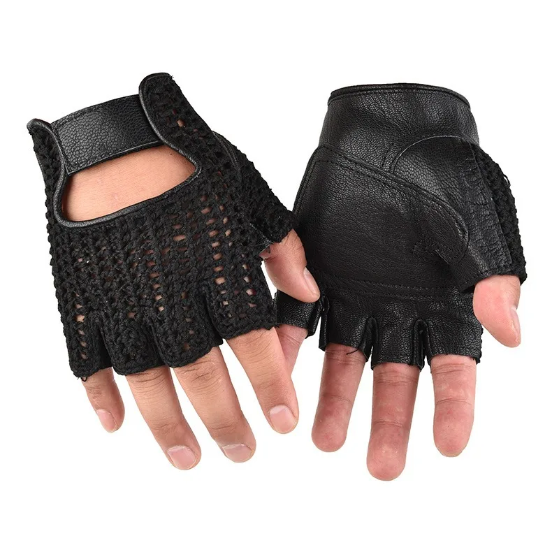 Leather Mesh Fingerless Gloves Motocross Fishing Net Car Driving Tactical Gloves Motorcycle Cycling Men\'s Gloves