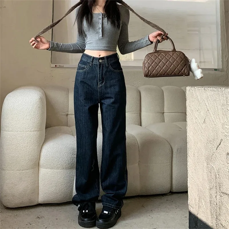 Korean Retro High Waist Straight Women's Jeans Spring Fashion Ladies Simple Versatile Baggy Jean Dark Blue Wide Leg Y2K Trousers