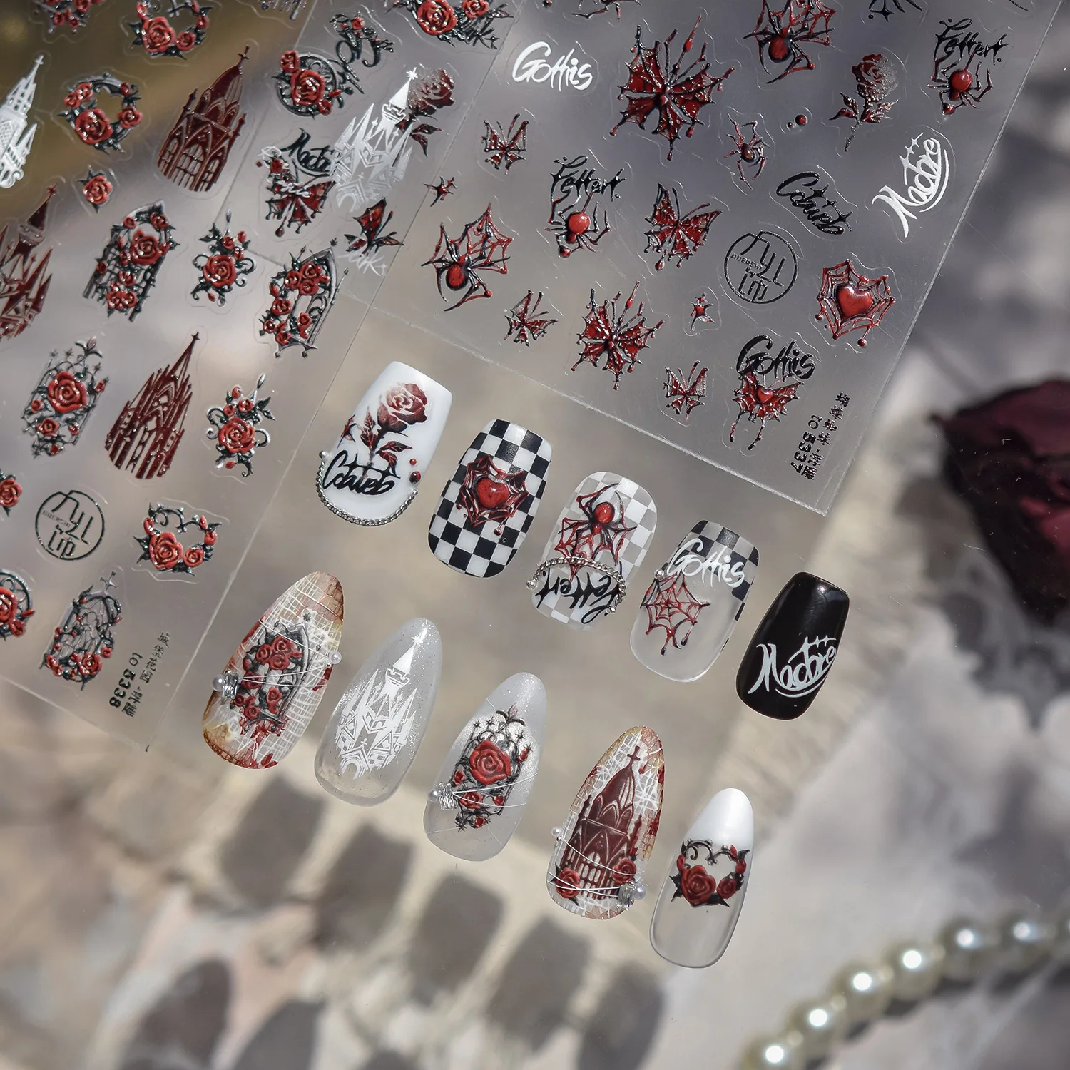 5D en relieve sangre oscura mariposa roja telaraña gótica Iglesia Castillo Nail Art pegatinas calcomanías manicura Halloween encantos