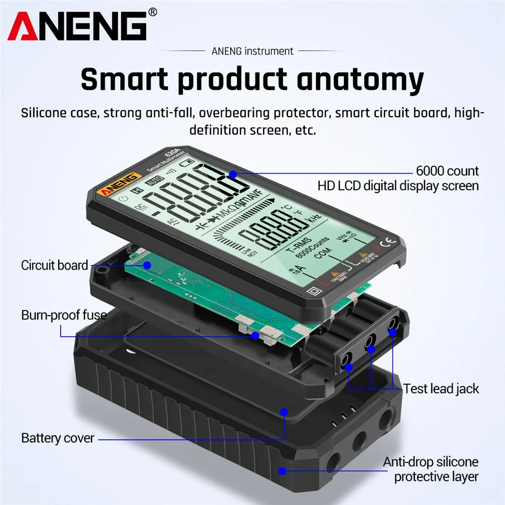 ANENG 620A Digital Multimeter AC/DC Ultraportable LCD Display True-RMS Multimeter Auto-Ranging with Amp Volt Ohm Multi Tester