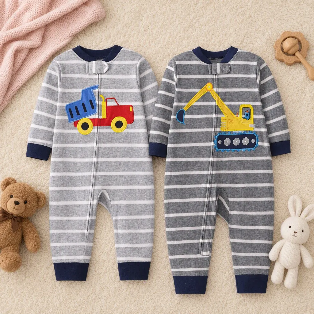 Grey White Striped Double-sided Cotton Romper Construction Vehicle Embroidered Zip Jumpsuit 6-24M Baby Boys All Seasons Wear