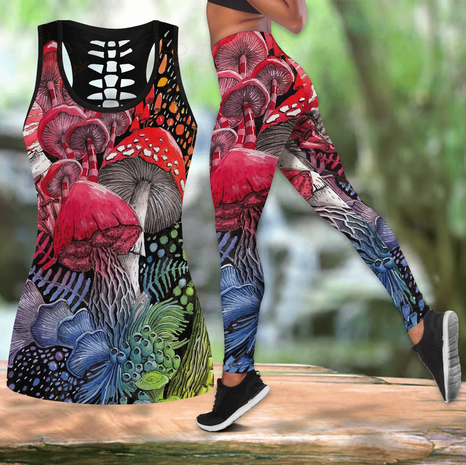 Mushroom Beautiful 3D Printed Hollow Tank Top & Leggings Set Fitness Female Full Length Leggings yoga Running Pants DDK105