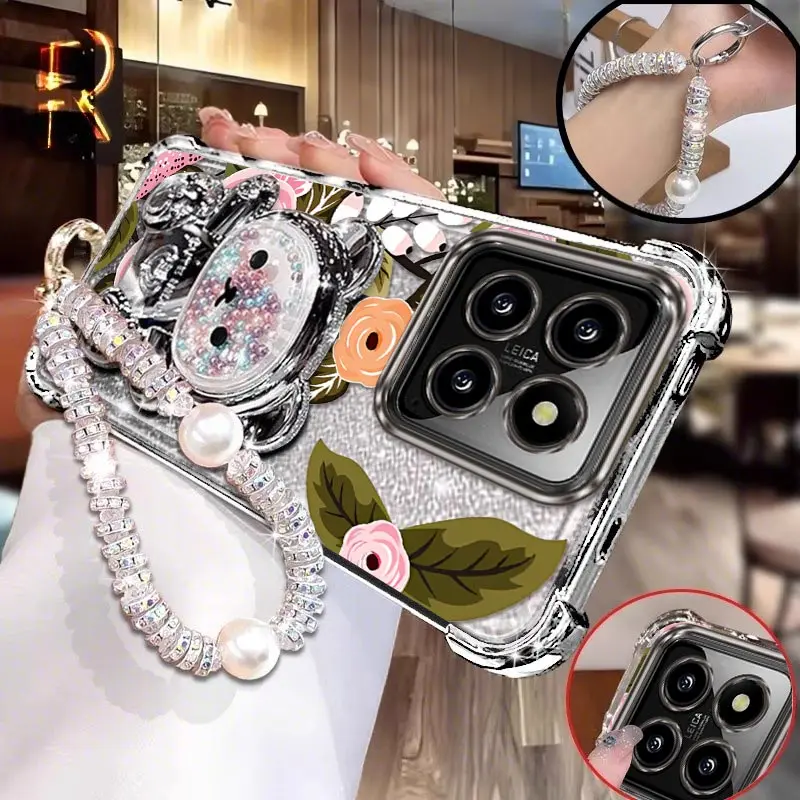 

14 Bright Pink flowers Bracelet Holder Phone Case For Xiaomi 15Pro 15Ultra 12Pro 14T 13Pro 12X 12S 14 13 15 14Pro Civi4 Cover