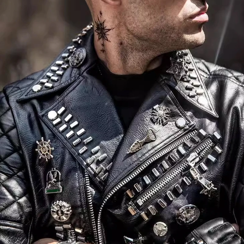 Fashion Luxury Retro Mens Rivets Leather Jacket Hip Hop Punk Rock Style Coat Slim Fit Motorcycle Dirt Bike Jacket Outerwear