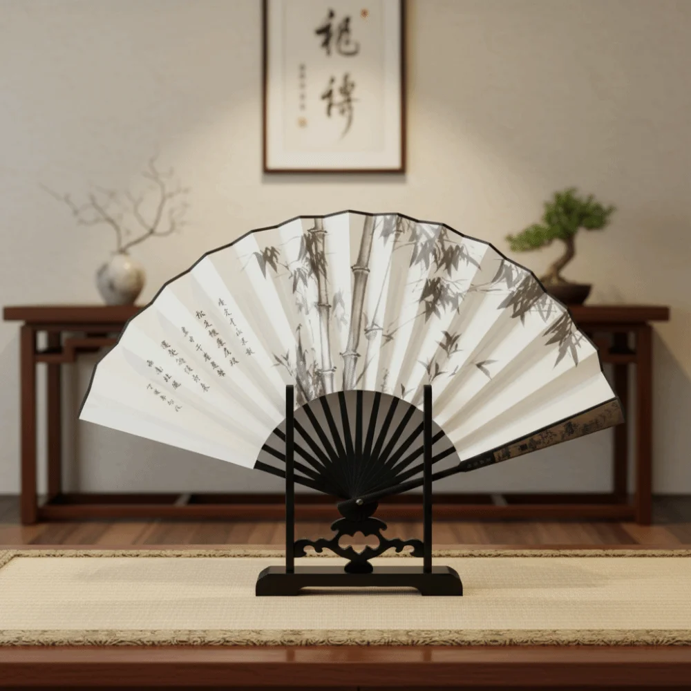 Laser Carved Handle Chinese Traditional Folding Fan Large Size Hand Held Ancient Painting Hand Fan Classical Man Silk Fan Gift