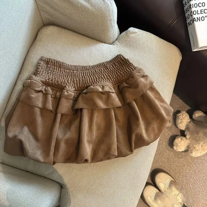 กระโปรงมินิทรงเค้กแต่งระบาย ฤดูใบไม้ร่วง ฤดูหนาว เอวสูง ทรงเข้ารูป พองฟู ทรงเอ สไตล์เกาหลี ชิค ใช้งานได้หลากหลาย