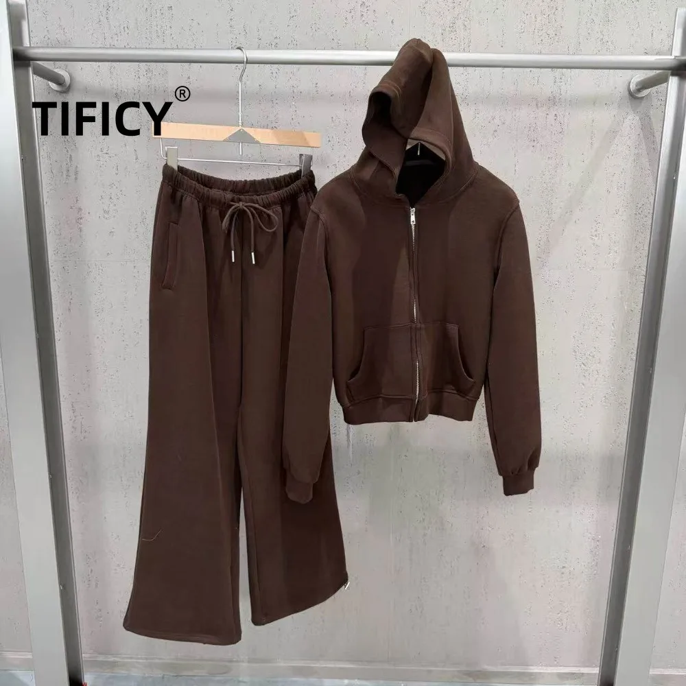 High Street Autumn and Winter Women's Thick Double-sided Velvet Casual Hooded Sweatshirt Cardigan with Straight Leg Pants Set