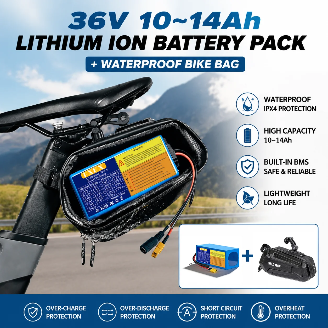 Batterie au lithium rechargeable 36V 10Ah/14Ah 18650 pour véhicule électrique, vélo et scooter de 0 à 500W avec sac étanche 10S3