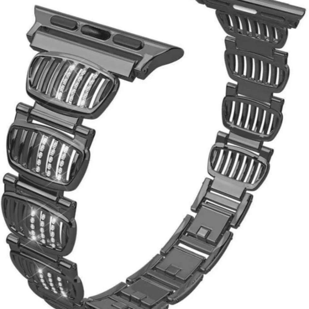 سوار ساعة أبل مخطط معدني أنيق مع لمسات الماس الأبيض - حزام بديل أنيق من الفولاذ المقاوم للصدأ لسلسلة iWatch