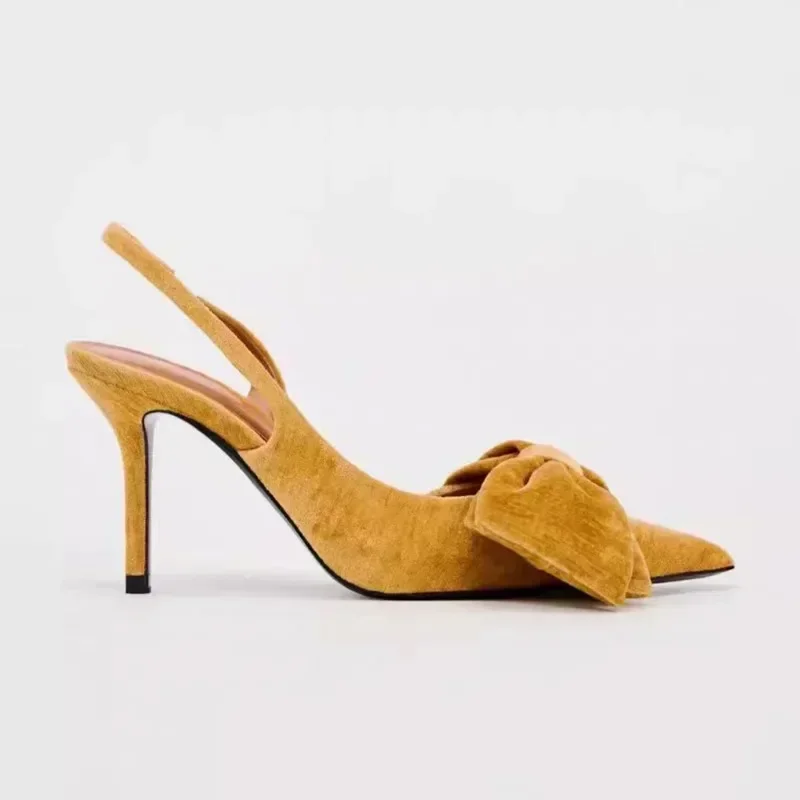 Designer กํามะหยี่ Slingback รองเท้าส้นสูงรองเท้าแตะผู้หญิงโบว์ตกแต่งสายคล้องคอชี้ Toe รองเท้าส้นสูงรองเท้าผู้หญิงปั๊ม