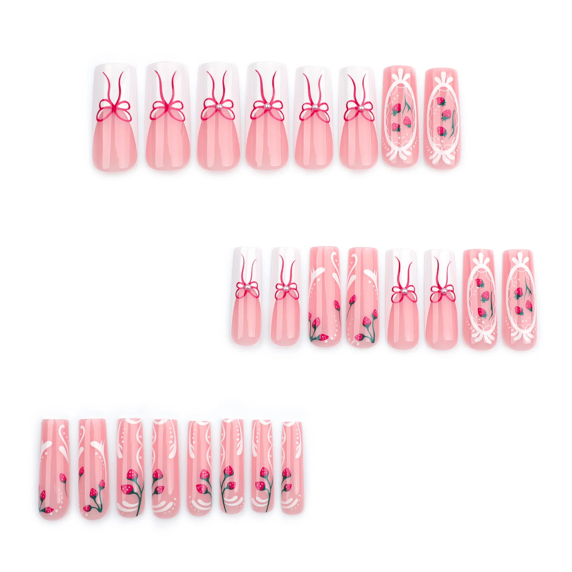 24pcs Sweet Girl Fake Nail Tips Glossy Pink White French Style Press On Nail With Stawberry Bowknot Printed Ballerina Manicure