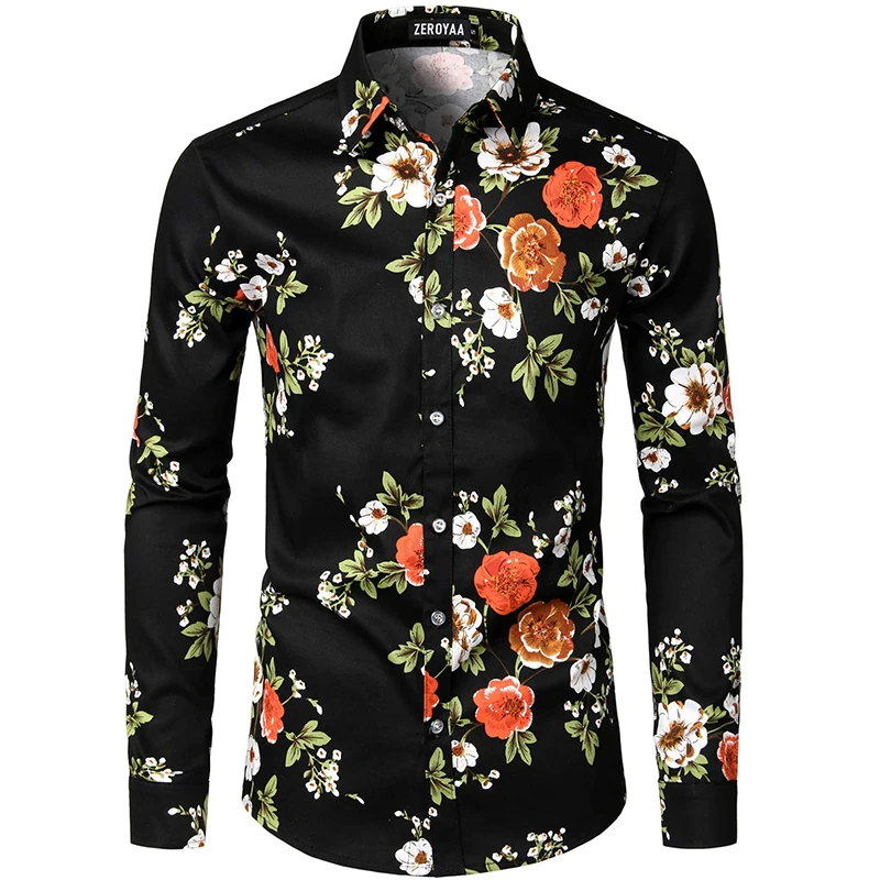 Men\'s Hipster Retro Rose Floral Graphic Shirts Full Printed Casual Slim Fit Long Sleeve Streth Shirt For Men Button Up Blouse