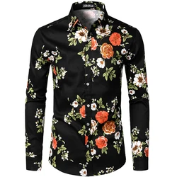 Men's Hipster Retro Rose Floral Graphic Shirts Full Printed Casual Slim Fit Long Sleeve Streth Shirt For Men Button Up Blouse