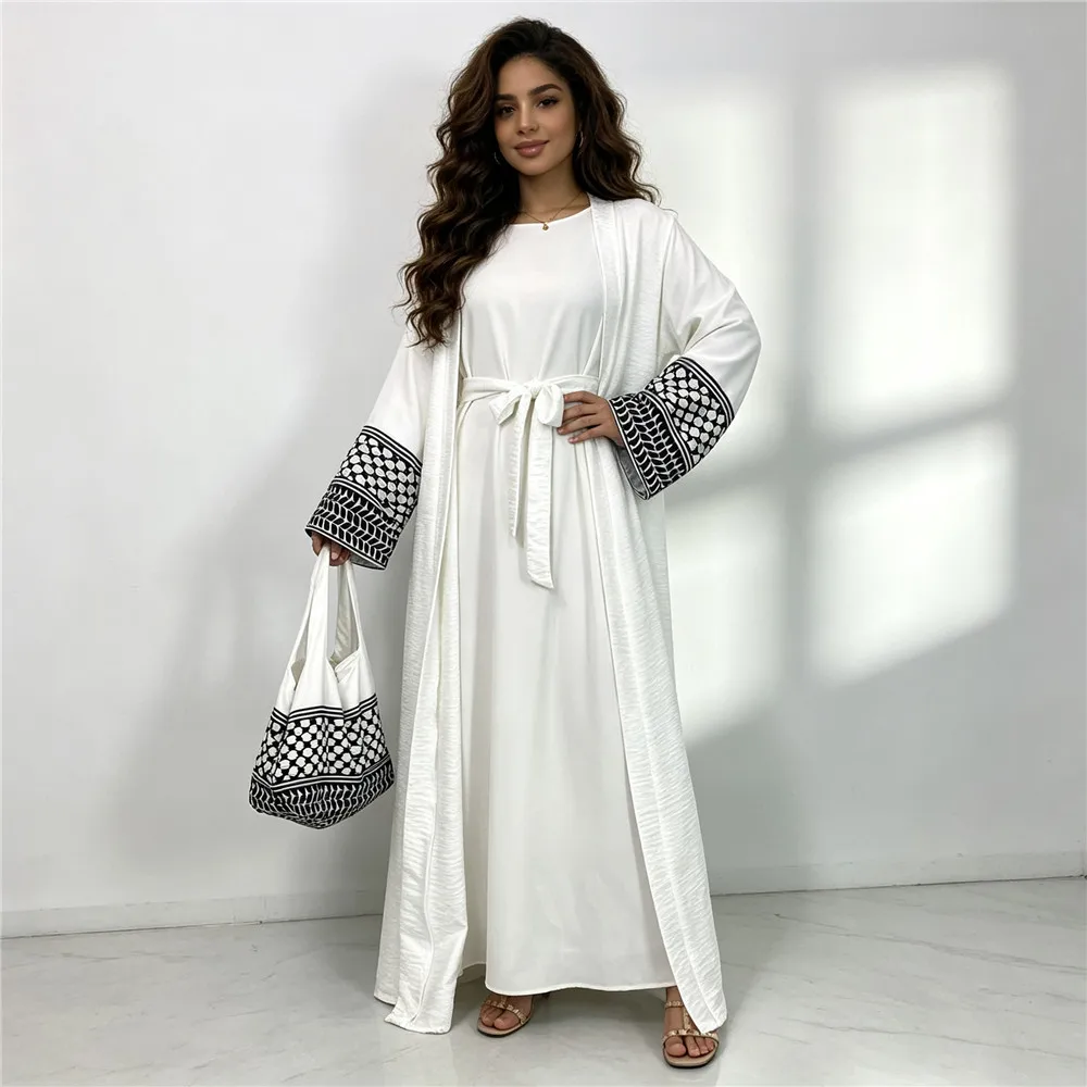 Eid Ramadan Open Front Abaya Women Long Sleeve Cardigan Dubai Modest Robe Muslim Ladies Belted Islamic Maxi Kaftan Outfit w/Bag