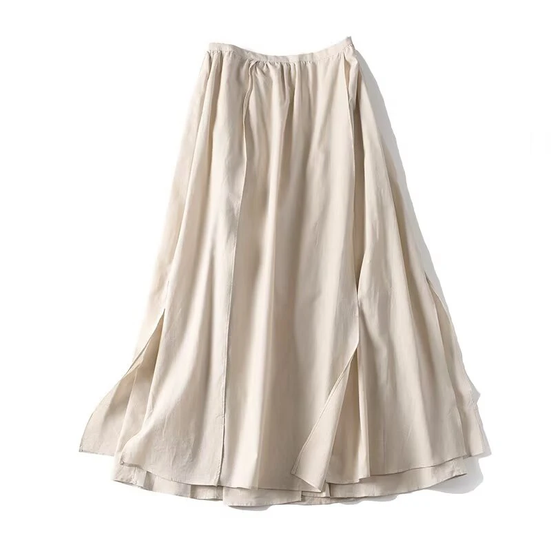 New French Elegant Solid Linen Midi Skirt Women High Waist Casual Summer Skirts