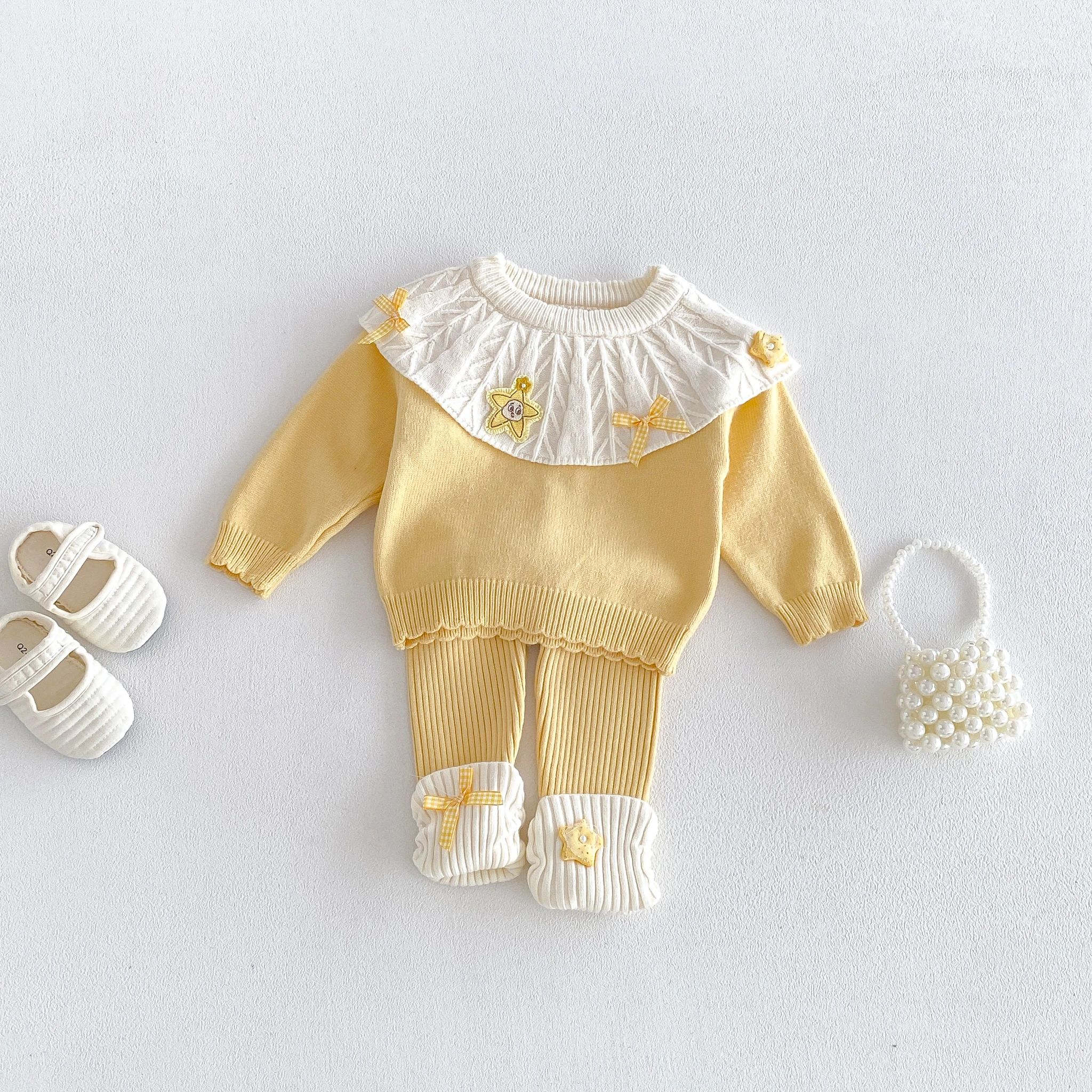 2026 Fall/Winter New baby Knit Set for Girls: Doll-Neck Bow Top and Matching Leggings Two-Piece Outfit